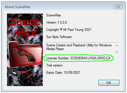 SceneMax Help About Screen